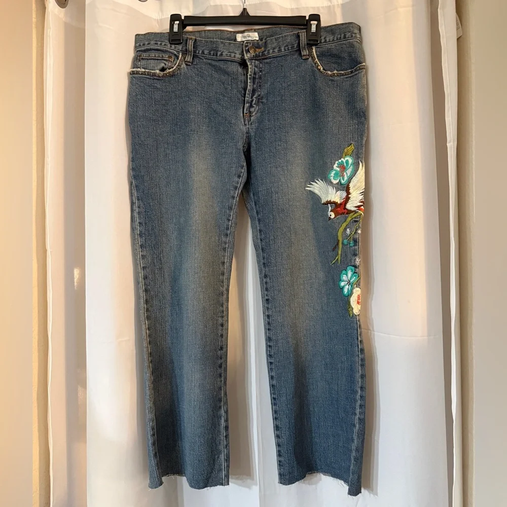 Y2K Embroidered Phoenix Low Rise Jeans 14 | Floral Bird Denim | Raw Hem | - Picture 2 of 16
